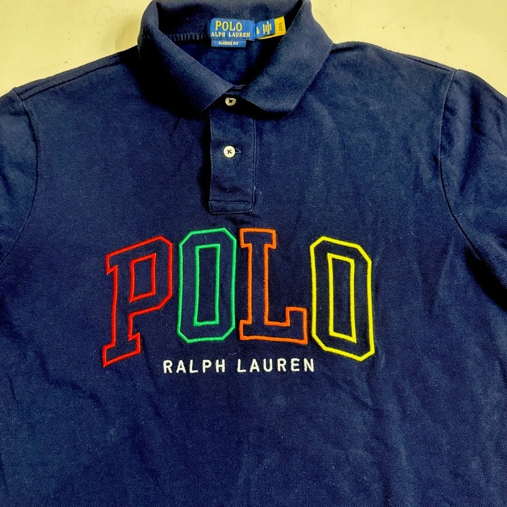 Polo Ralph Lauren Mesh Polo Shirt Mens Large Navy Embroidered Spell Out Color